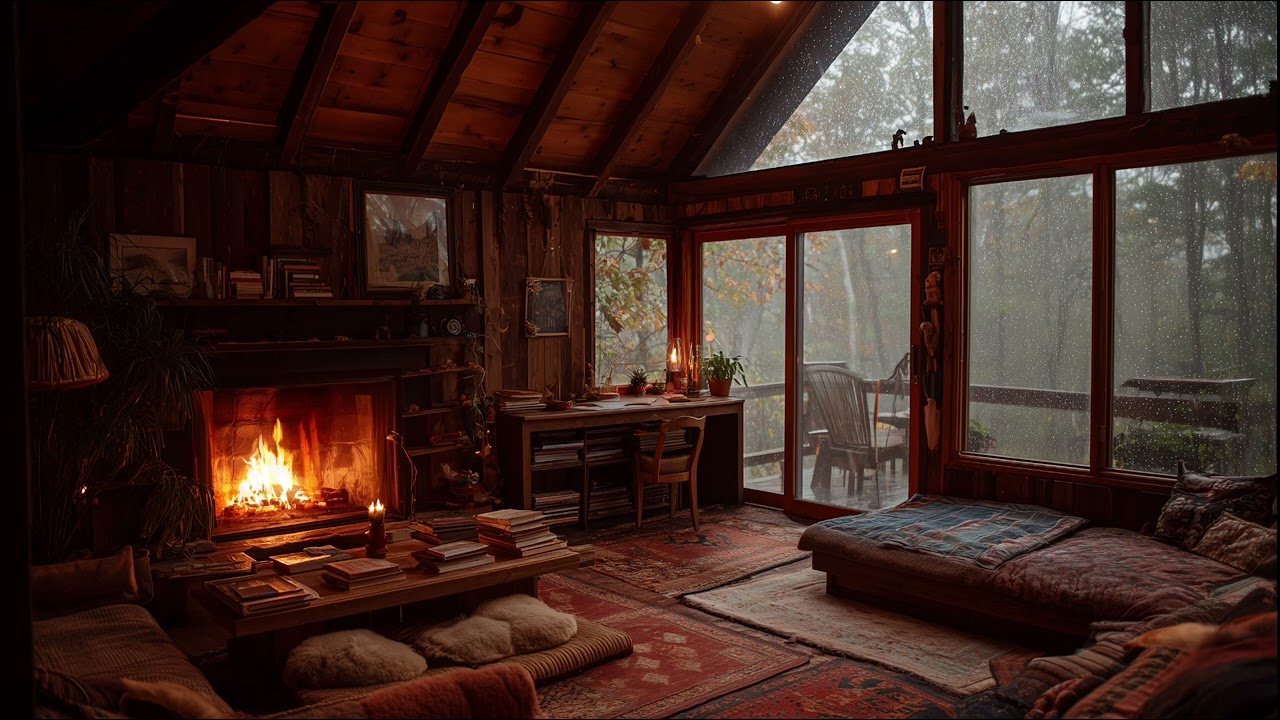 Cozy Cabin in the Woods 🔥 Fireplace & Gentle Rain | Relax, Study, Sleep
