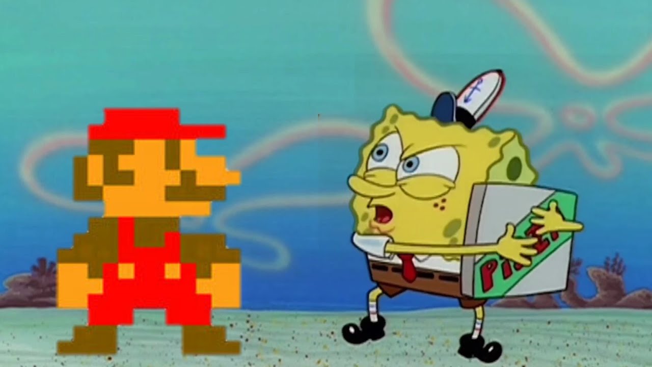 Mario trying to get a pizza from Spongebob