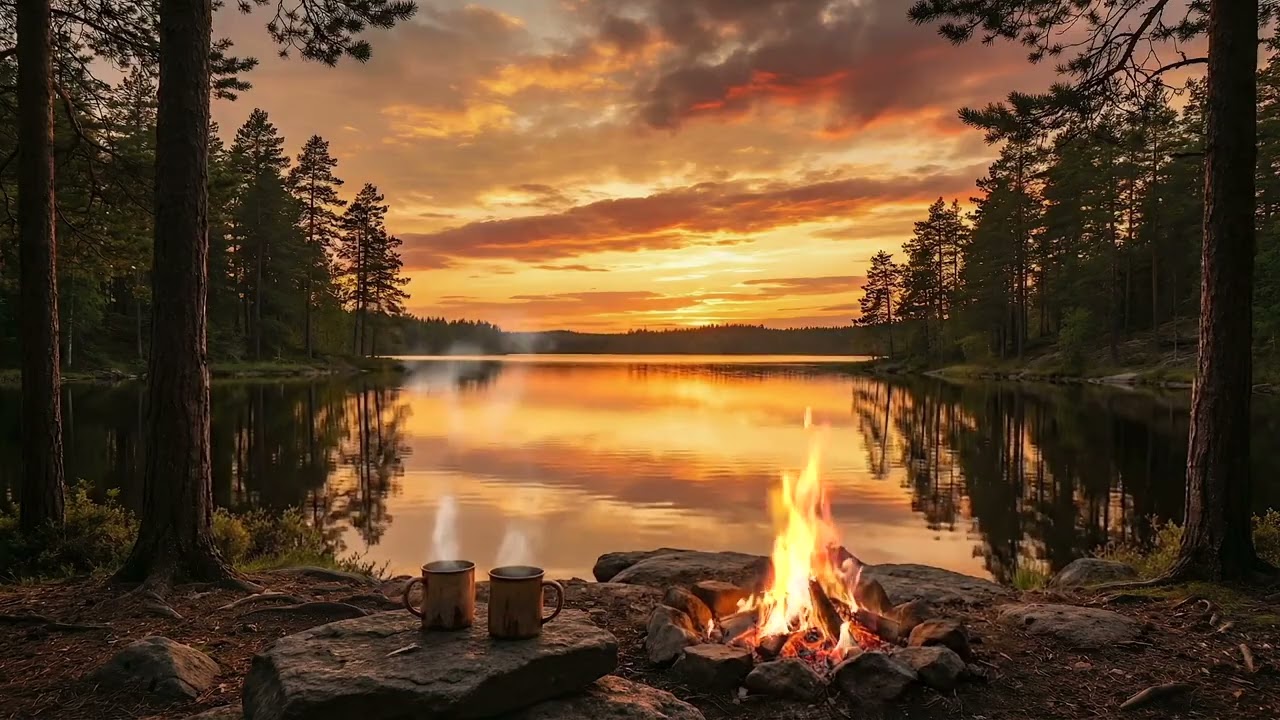 Cozy Campfire by the Lake at Sunset | Relaxing Nature Ambience