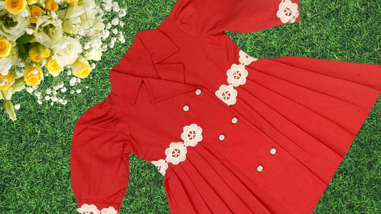 Coat Collar Baby Winter Frock cutting and stitching tutorial||Stylish Double Button Plated Frock 