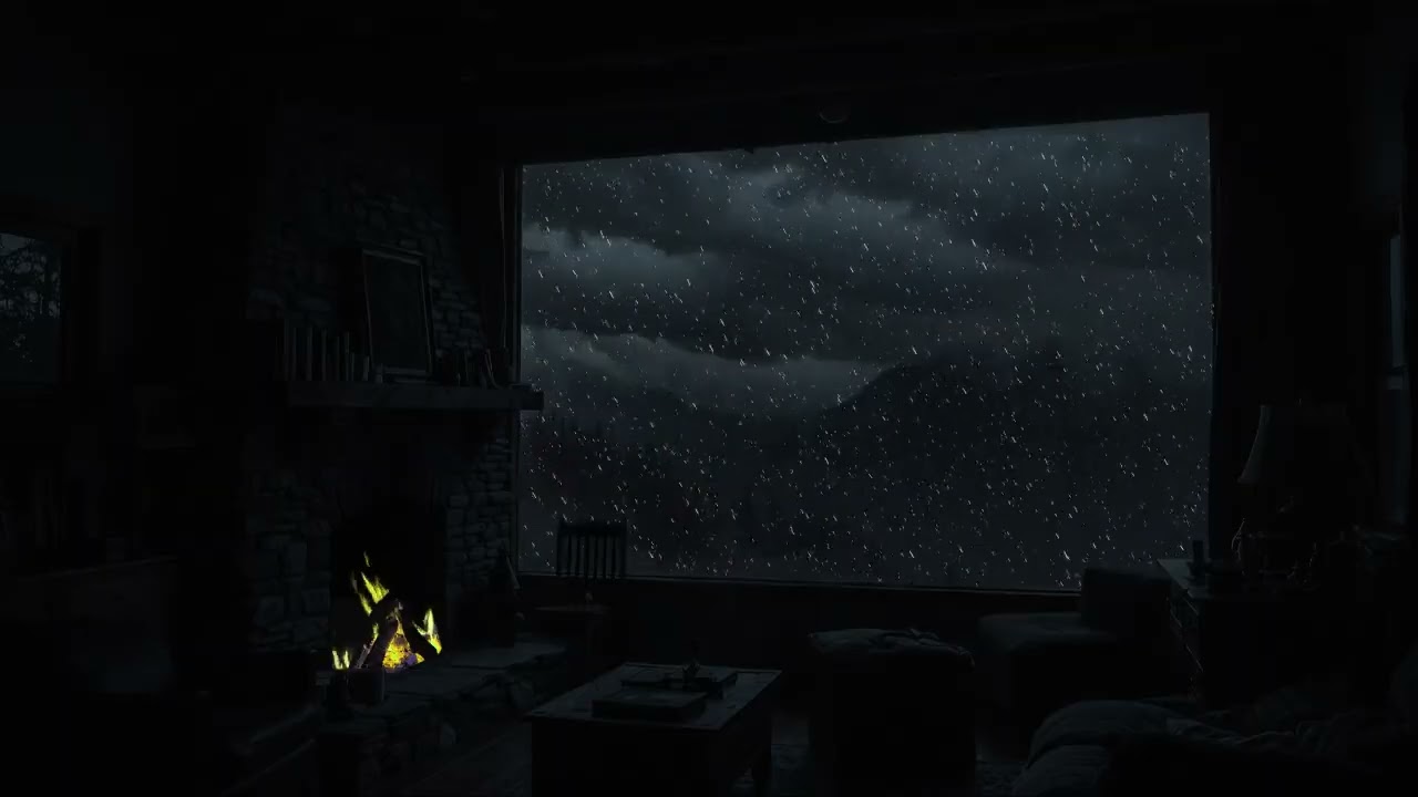 😌 Firelit Cozy Room with Rain at the Window & Soft Night Music 🌧️