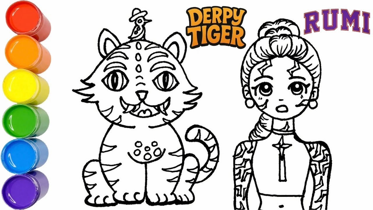 K-Pop Demon Hunter Rumi & Derpy Tiger Drawing and Coloring 🐯✨ | Easy Kids Art Tutorial