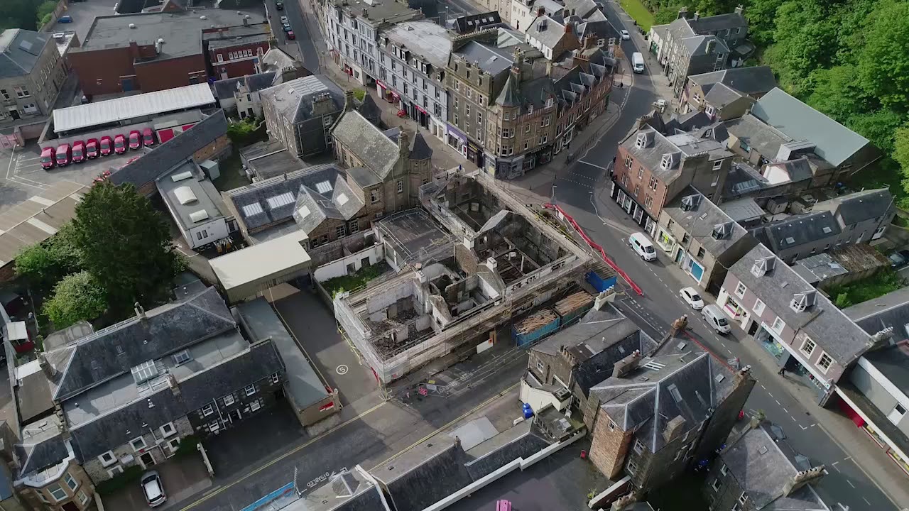 Drone footage without audio - Regeneration of Galashiels - former Poundstretcher building demolished