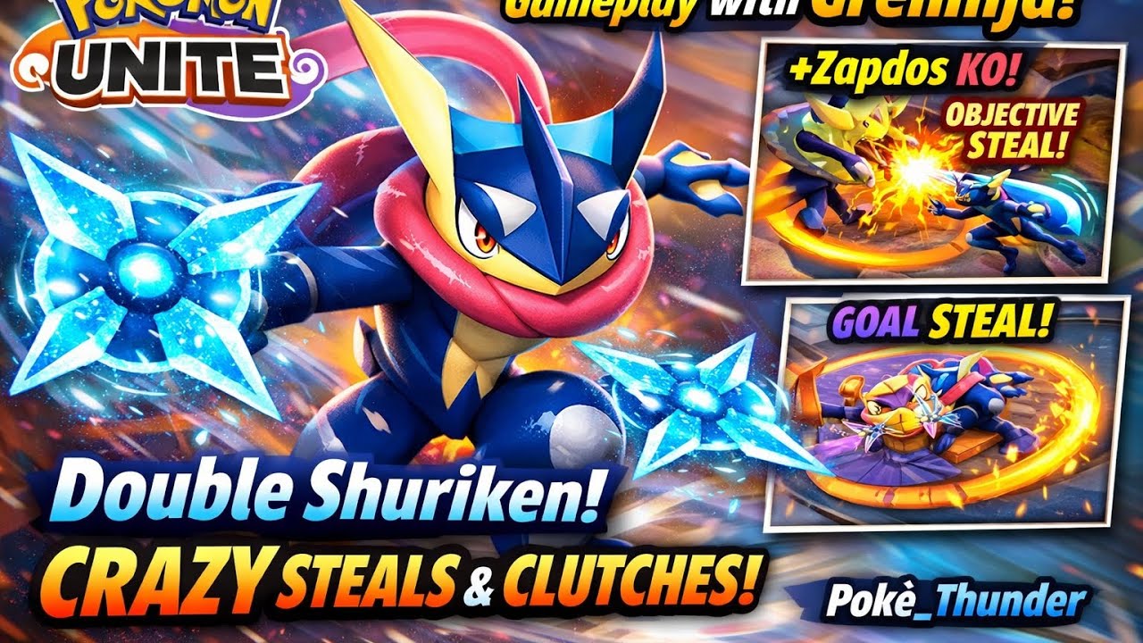 Pokémon Unite gameplay with Greninja (Double, shuriken) with crazy steals and clutches| Poké_Thunder