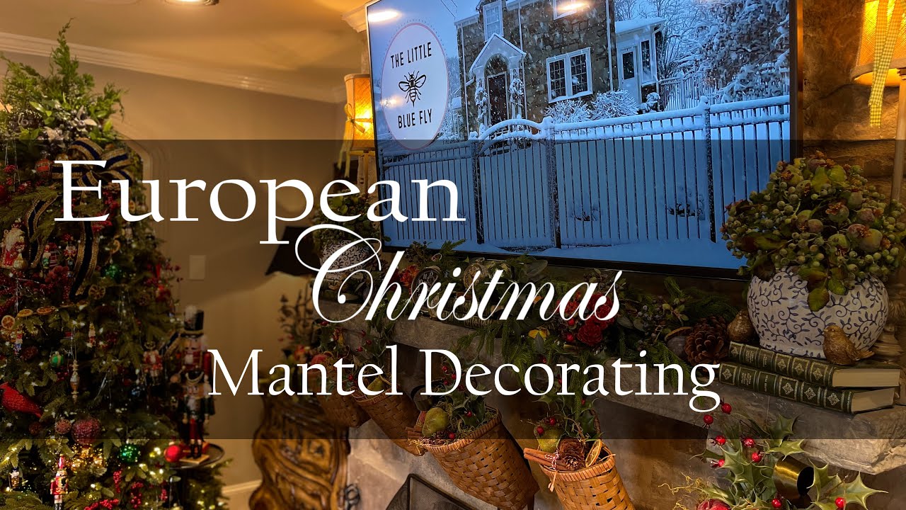 (MY HERITAGE) EUROPEAN INFLUENCED CHRISTMAS MANTEL ~ FRUITS, CLOCKS, BOOKS, & BASKETS