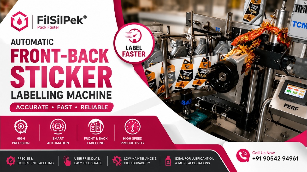 Automatic Front-Back Sticker Labelling Machine, #lubricantoil, #labeling - Filsilpek - +919054294961