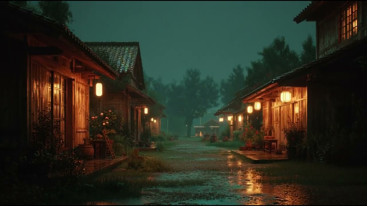 Peaceful Village Rain at Night 🌧️ | Cozy Lantern Lights | Relaxing ASMR for Sleep & Study