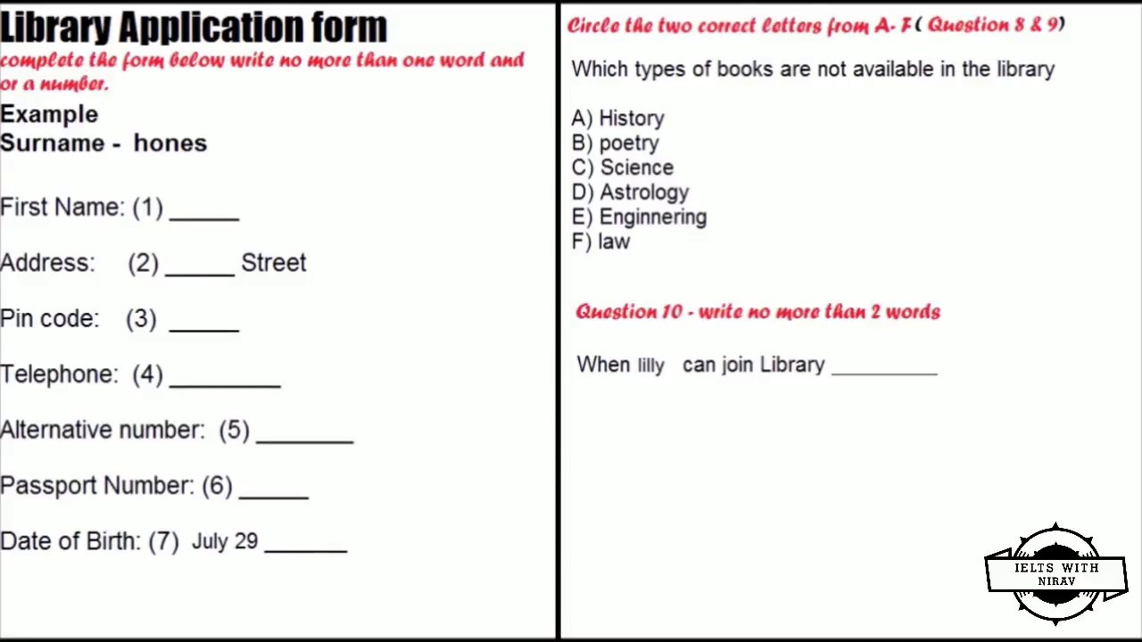 IELTS LISTENING PRACTICE form filling, form completion || 1