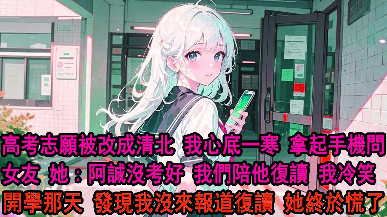 發現高考志願被改成清北那天，我心底一寒。拿起手機質問幫我填志願的柳如煙，她卻不以為意：阿誠沒考好，反正你也考不上我們一起陪他複讀。我冷笑點頭答應，卻開學那天不見人影，只剩她對著電視被清北錄取的我發了瘋