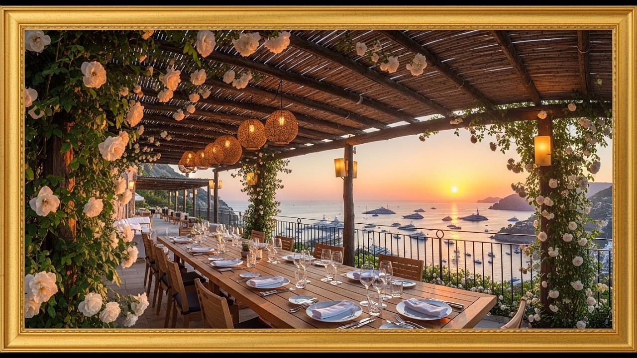 Sunset Mediterranean Dinner Terrace | Samsung Frame TV Art | 4K Luxury Coastal Decor