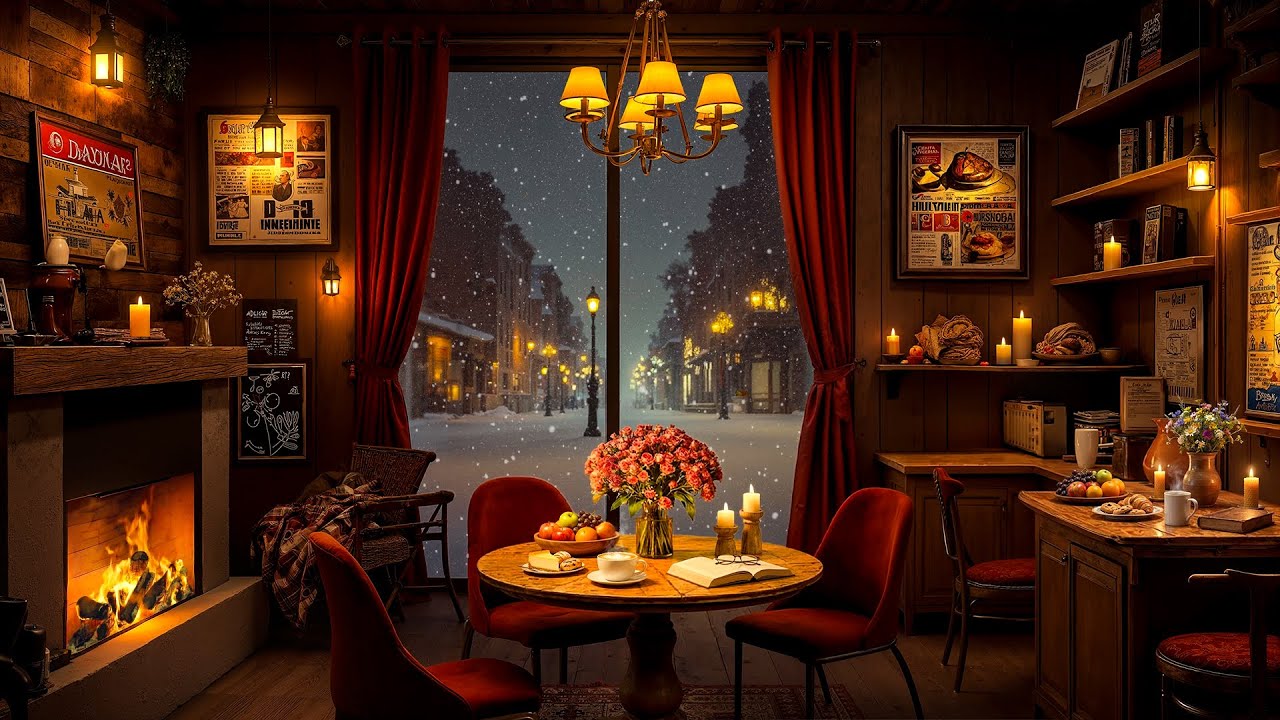 Relax Gently with Winter Jazz ⛄ Smooth Jazz Music & Fireplace Crackling at Cozy Coffee Shop Ambience