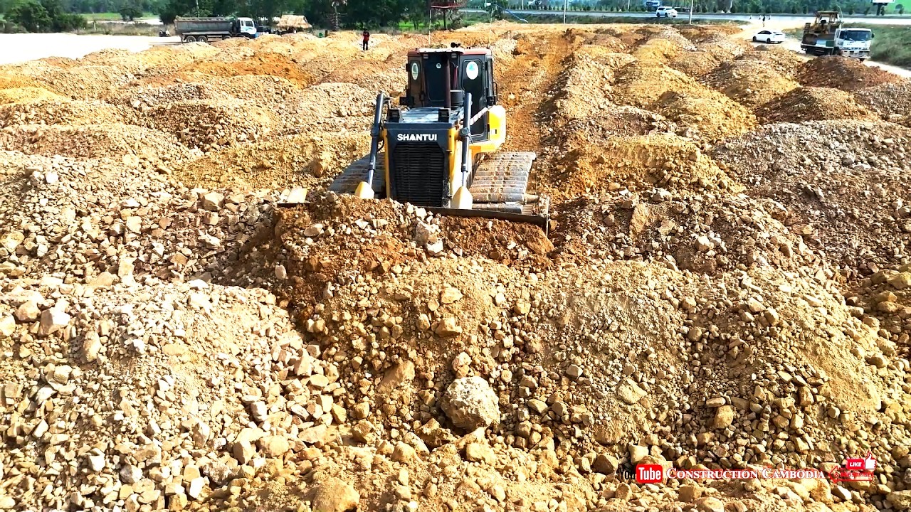 Massive Shantui Dozer Huge Land Clearing, Site Preparation With 25-Ton Dump Trucks Land Filling Up