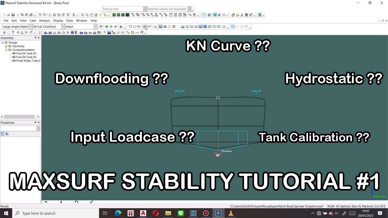 Downflooding Point, Hydrostatic, KN Curve, And Large Angle Stability Maxsurf Stability Tutorial #1