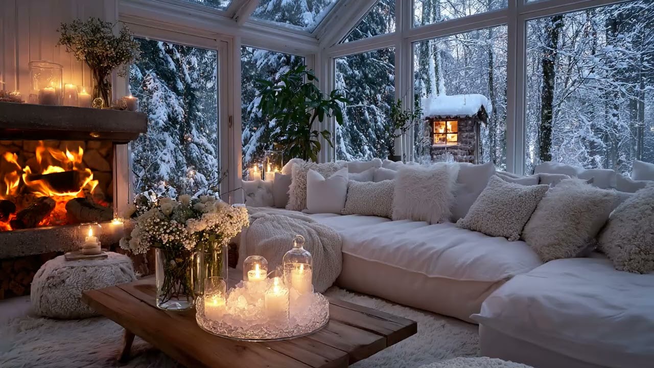 🎼Winter Piano in White Lounge | Warm Fireplace & Falling Snow | Sleep Focus Calm Stress Relief Relax