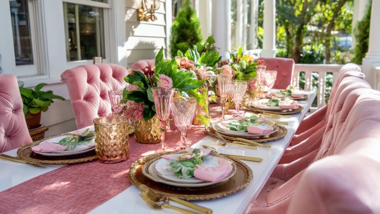 Luxury Garden Front Porch Decor 2025: Glamorous Chic Pink, Emerald & Terracotta Dining