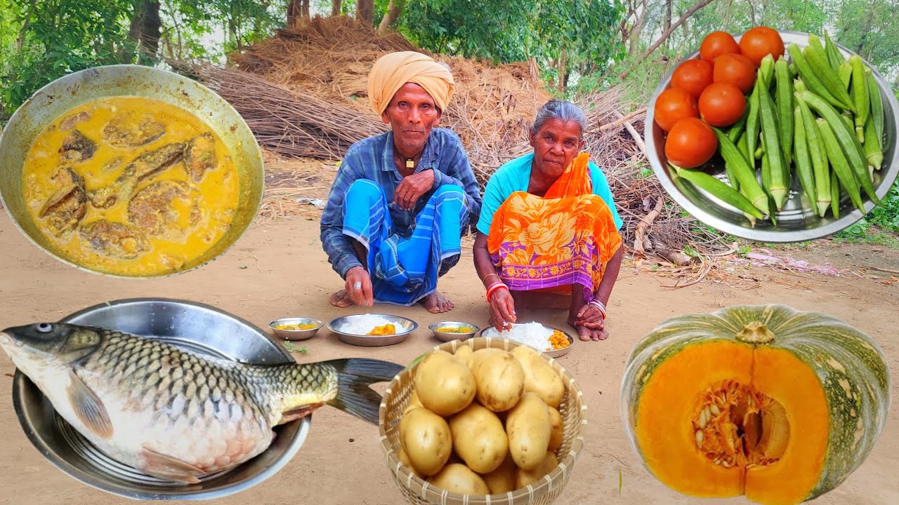 80 years old grandma cooking AMERICAN FISH with LADYFINGER curry and eating || village life cooking