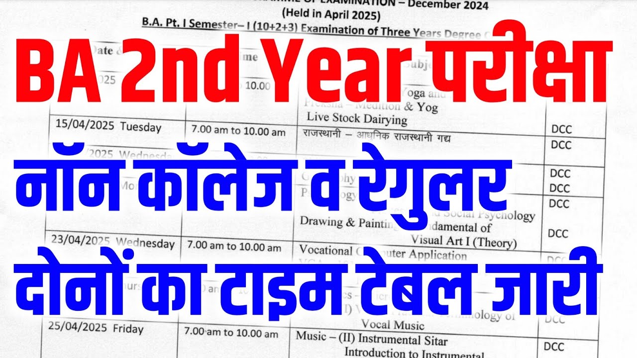 MDSU Ajmer Exam 2025 || BA 2nd Year Exam Time Table 2025 || BA Non College Exam
