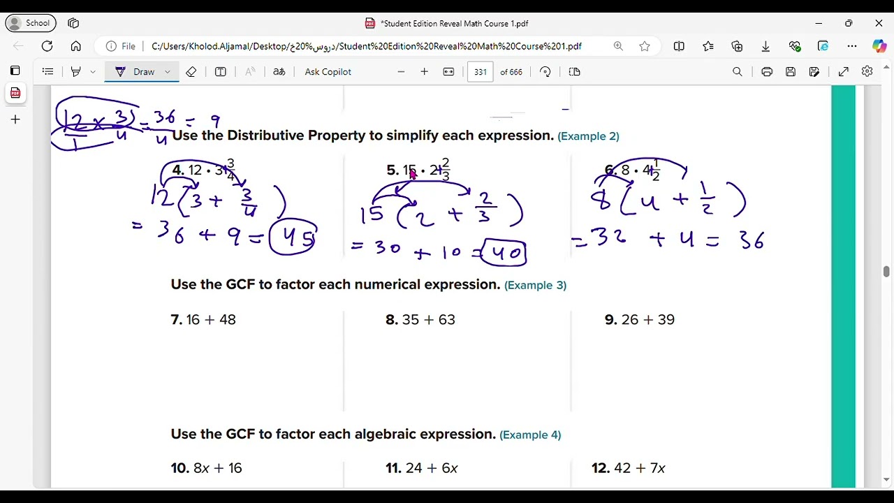 Reveal math grade 6 lesson 5-6 use the distributive property