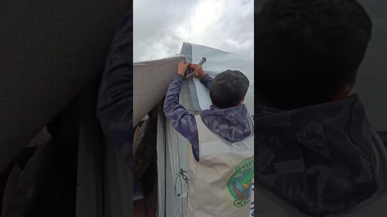 Repairing a tent mostly torn and distributing mattresses to them