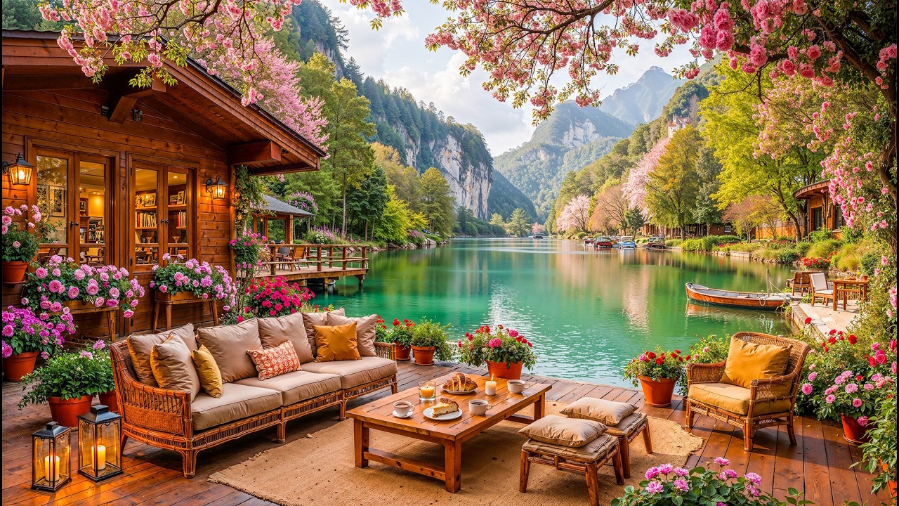 Spring Morning at a Jazz Café 🌸 Peaceful Lakeside Cabin Surrounded by Flowers & Warm Light