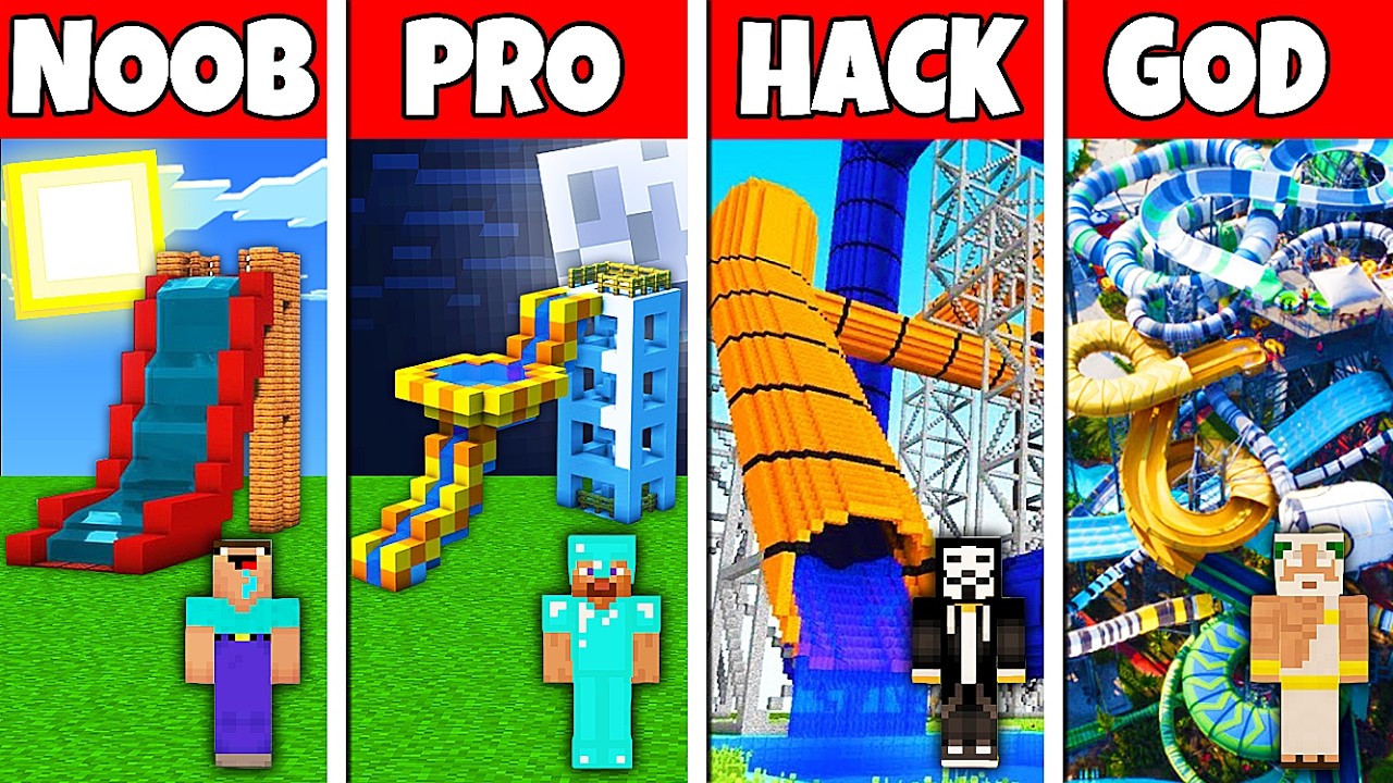 Minecraft Battle: NOOB vs PRO vs HACKER vs GOD! WATER PARK BUILD CHALLENGE in Minecraft
