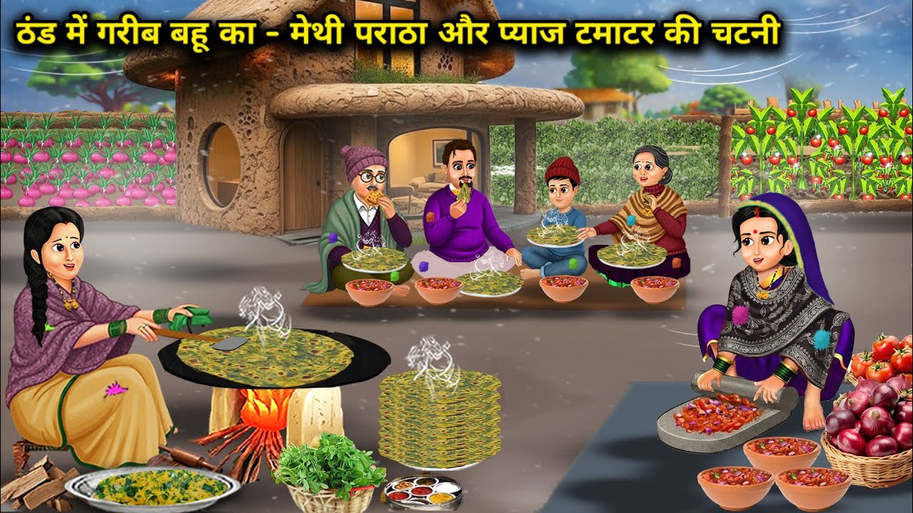 ठंड में गरीब बहू का - मेथी पराठा और प्याज टमाटर की चटनी| In the cold weather, the poor|Cartoon Video