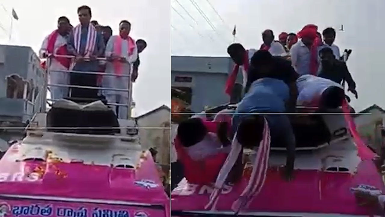 KTR Fall Down From BRS Eelection Campaign Vehicle | Manastars