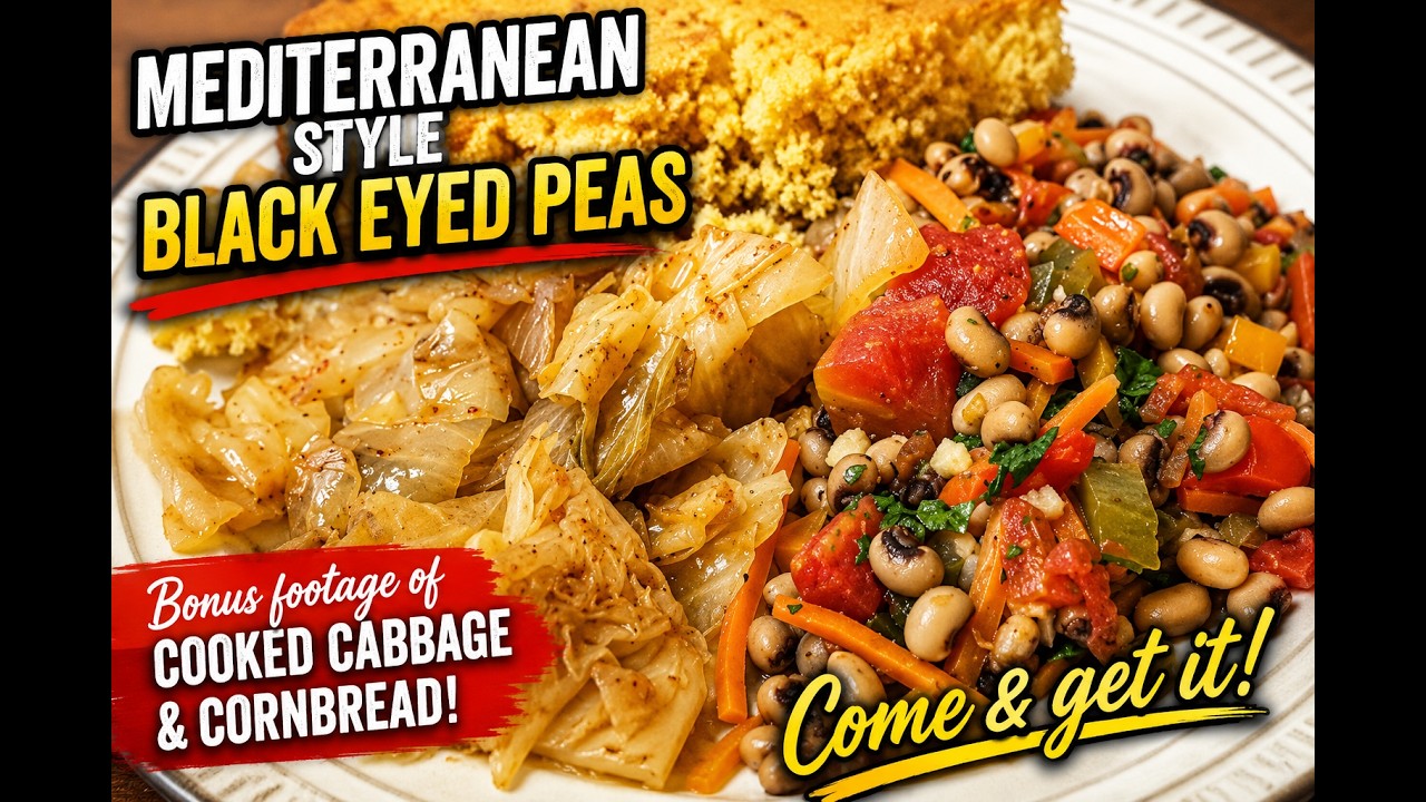 Mediterranean Style Black Eyed Peas (added bonus footage cornbread & fried cabbage)