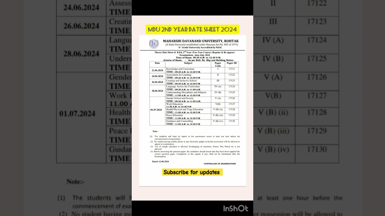 MDU b.ed 2nd Year date Sheet 2024 #exams #mdulatestupdate