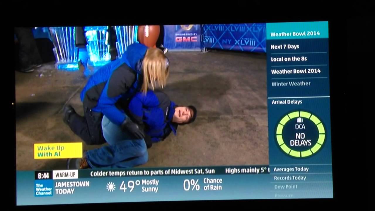 Stephanie Abrams knees Mike Bettes in the groin on the Weather Channel