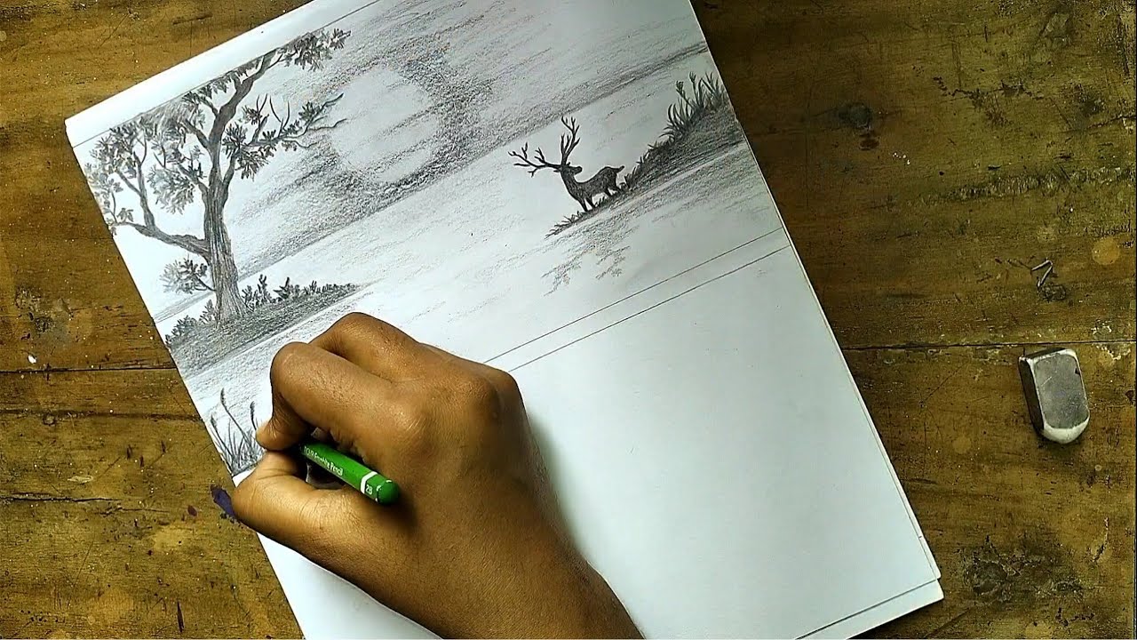 How To Draw Pencil Sketched Landscape Scenery With Full Moon And Deer