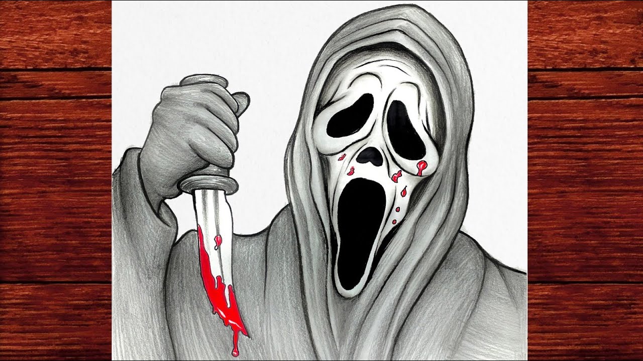 Easy Horror Art: How to Draw Ghostface Mask with Bloody Knife | Beginner Pencil Sketch