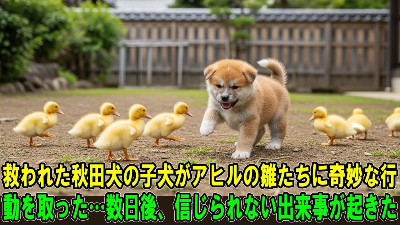 【奇跡の実話】救われた秋田犬の子犬がアヒルの雛たちに奇妙な行動を取った…数日後、信じられない出来事が起きた！