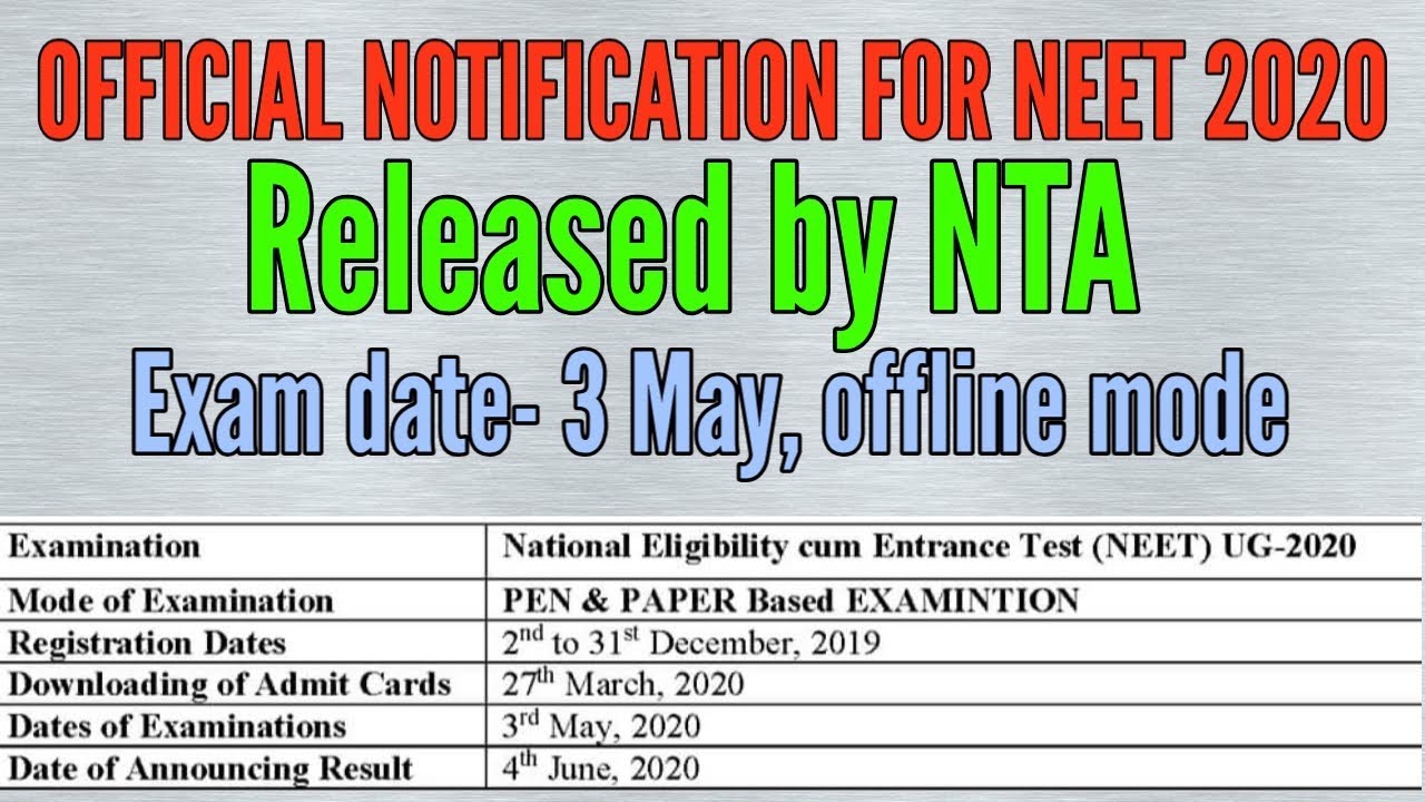 NEET 2020: Official Notification by NTA/ Offline mode/ 3rd May/ Our strategy