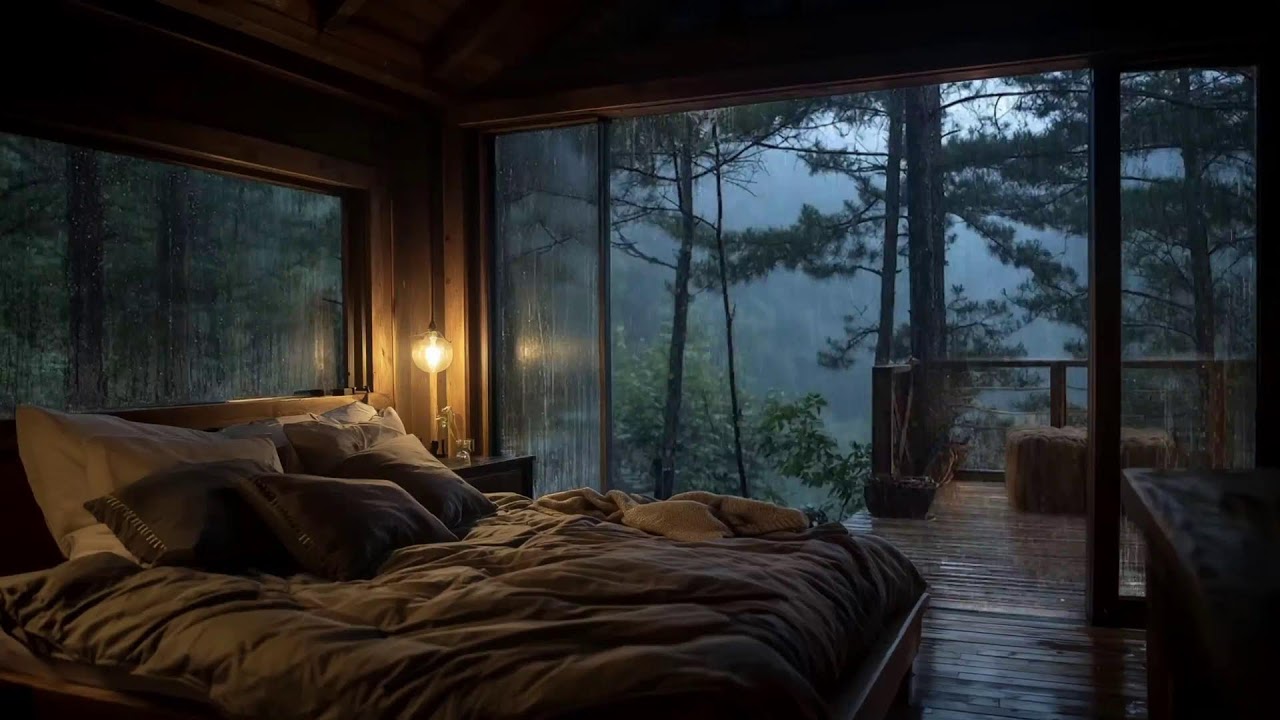 Cozy Bedroom Focus Night — 4K Night Rain with Jazz Music and Soft Jazz by the Window