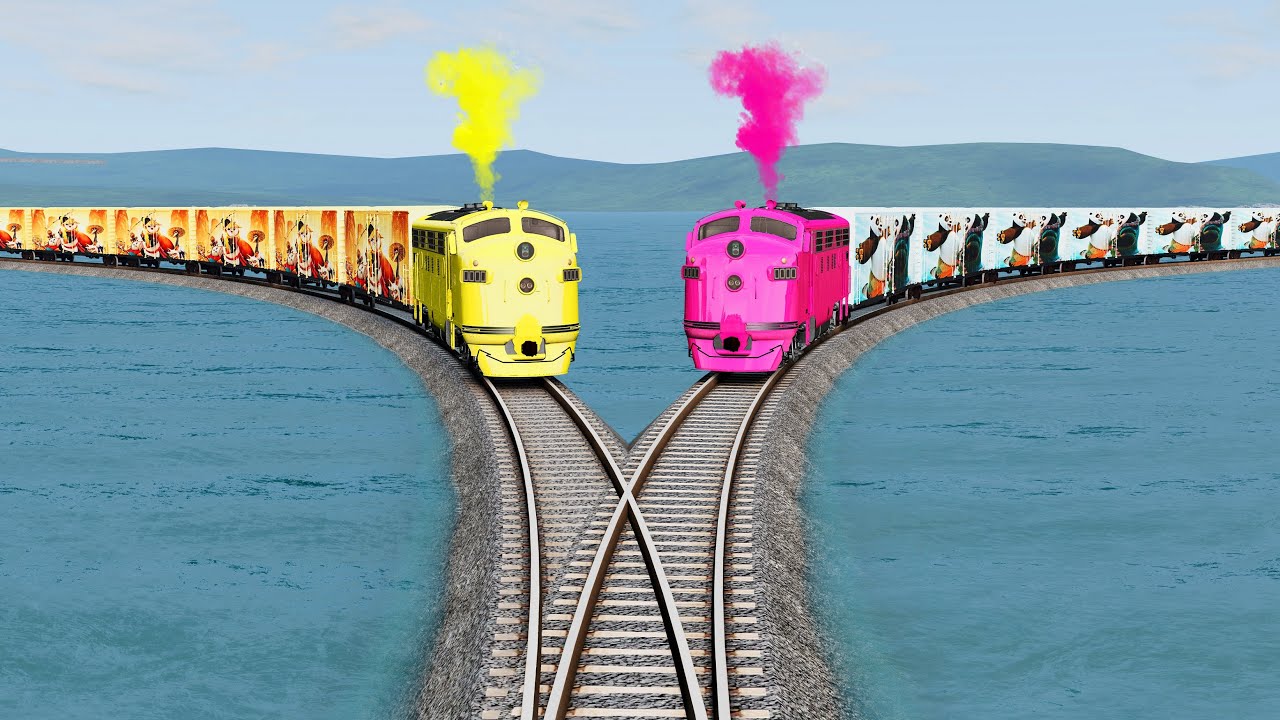 Double Train vs😱Impossible Y Shape Rail Crossing Deepwater | BeamNG.Drive Part-3