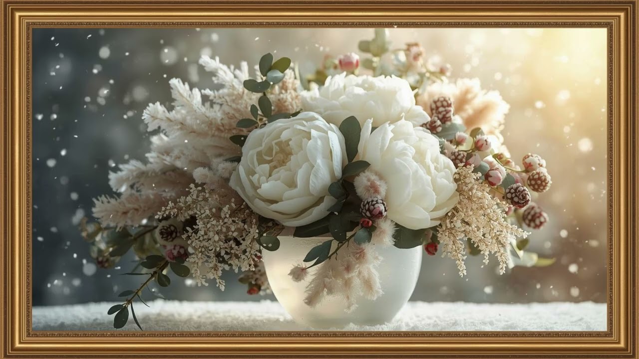 Elegant Winter Peony Floral Arrangement ❄️ Framed TV Art Screensaver | 4K Ambient Wall Art
