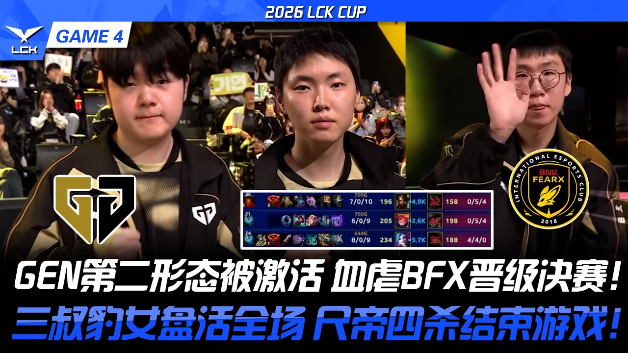 GEN vs BFX GEN第二形態被激活 血虐BFX晉級決賽！三叔招牌豹女盤活全場 尺帝四殺結束遊戲！2026 LCK CUP- GAME 4