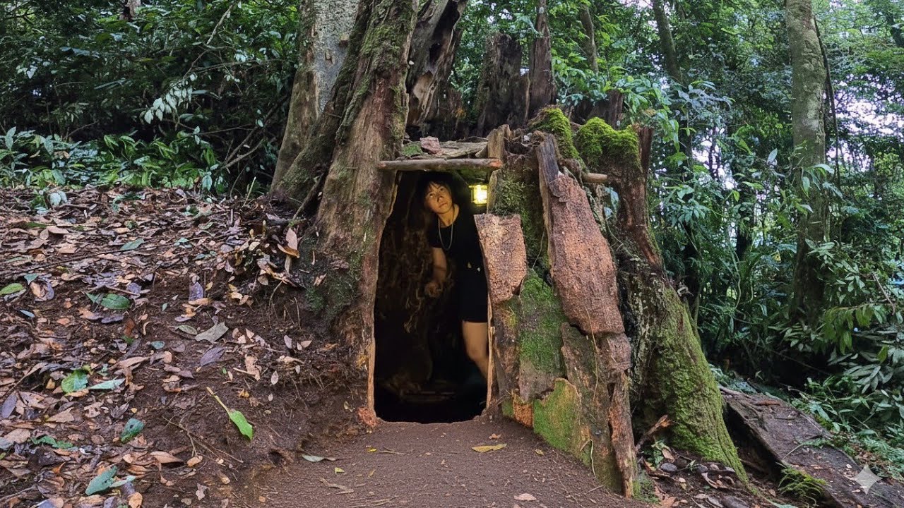 Build a Shelter Inside a Rotten Tree Root - Survive Alone