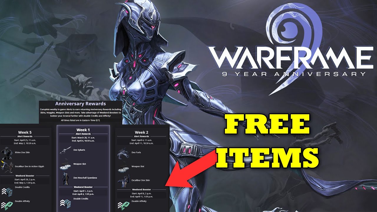 Warframe 5 Weeks Of Free Items! All 9 Year Anniversary Free Items!