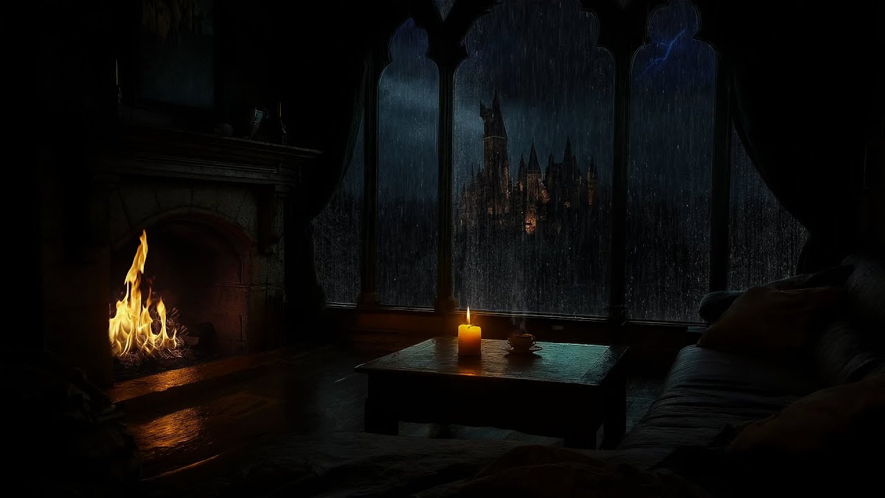 🏰ASMR Living Room: Heavy Rain on Gothic Window & Wood-Burning Fire – Stress Relief, Deep Relaxation