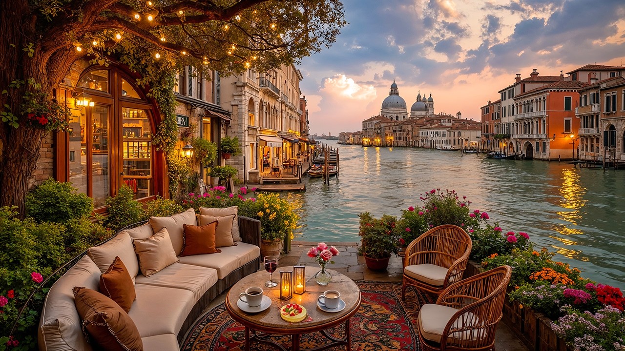Venice Spring Sunset Jazz ☕ Grand Canal Café Ambience & Relaxing Jazz Instrumental for Focus & Work