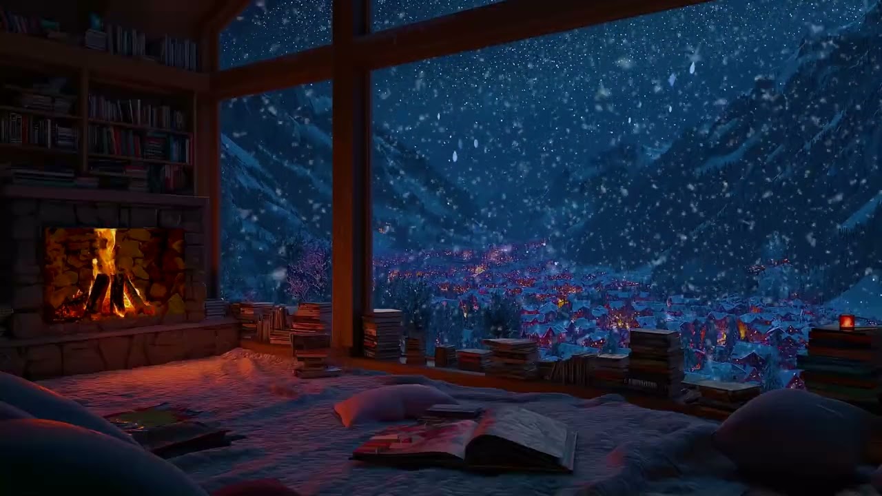 Cinematic Snowy Cabin Night Ambience | Glowing Fireplace Crackles and Soft Snow for Deep Sleep
