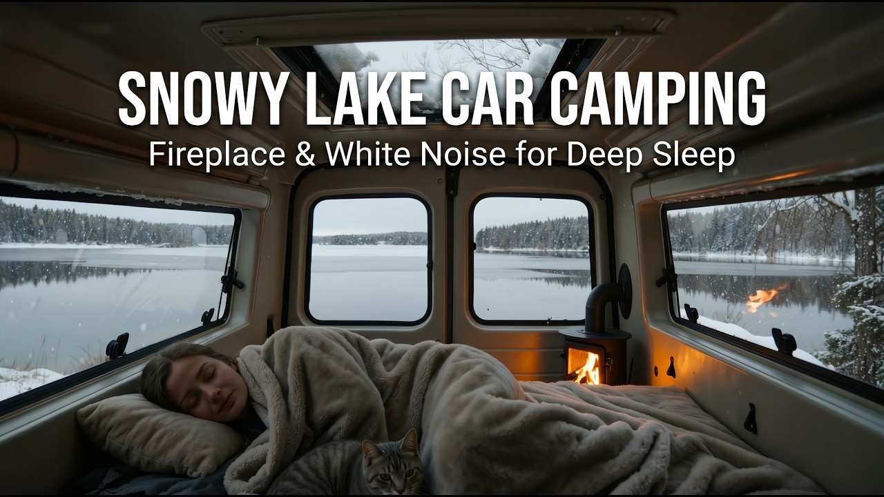 Snowy Lake Car Camping Ambience | Fireplace & White Noise for Deep Sleep