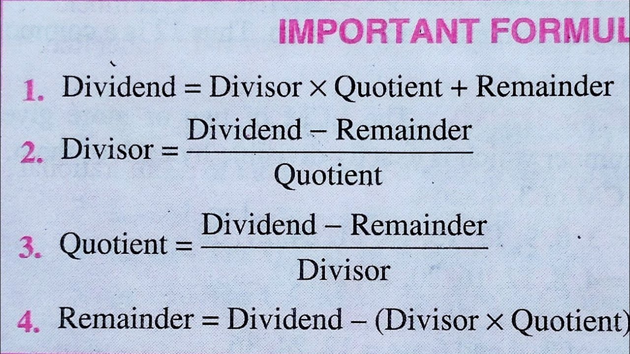 Division all formula l important Formula l Dividend Divisor Quotient Remainder formula