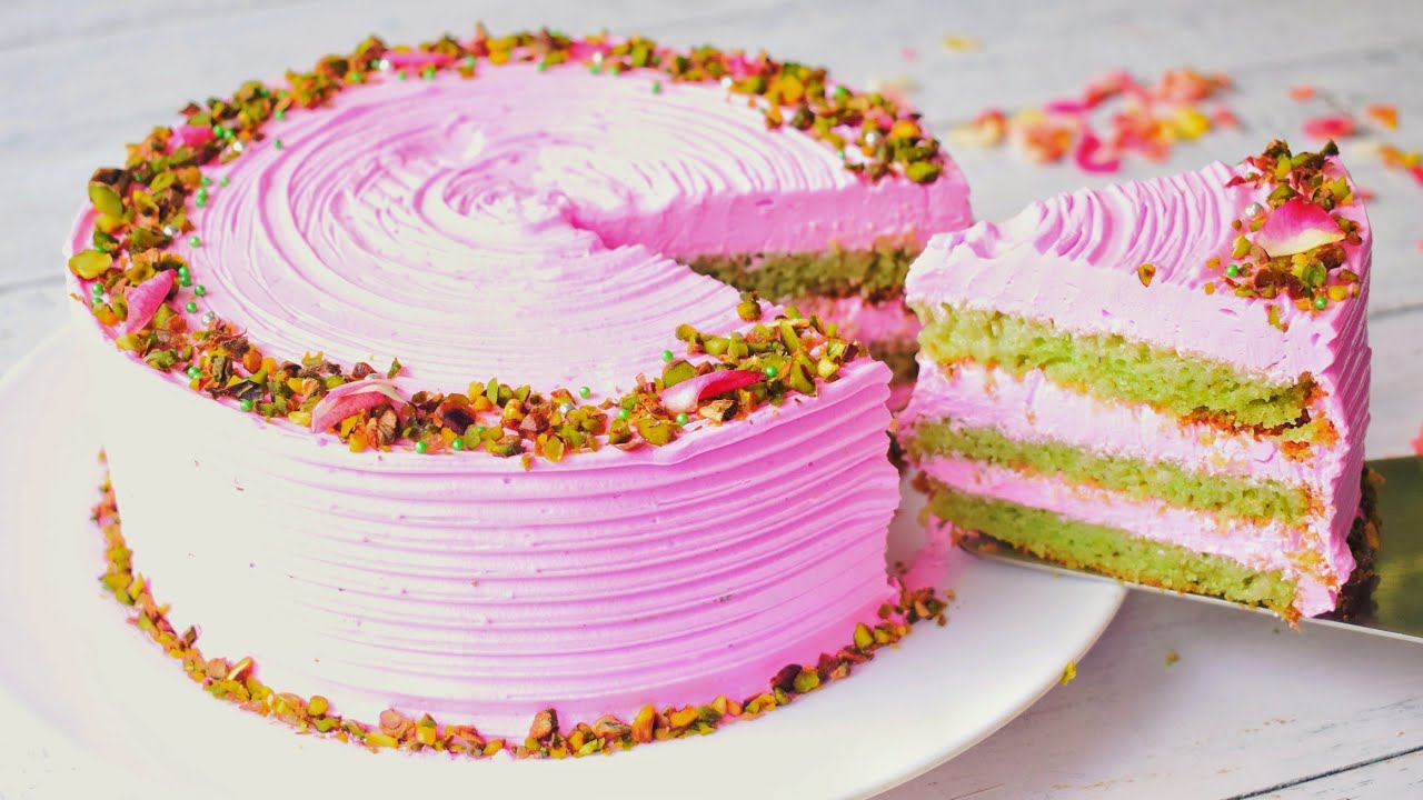 Eggless Rose & Pistachio Cake Recipe