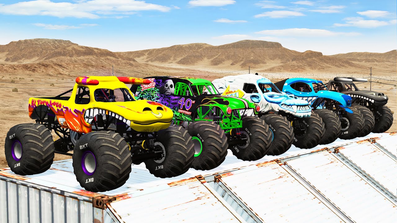 Big Monster Trucks Transport Triple Flatbed with Color Slide