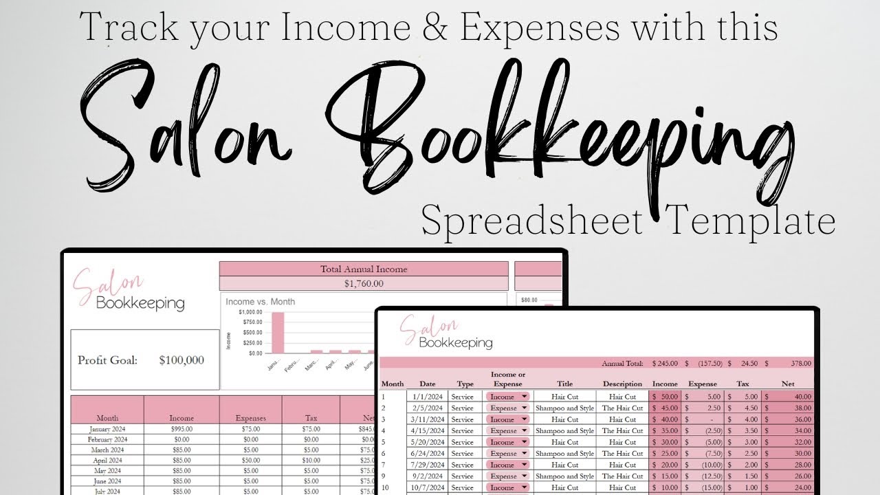 Salon Bookkeeping Excel Spreadsheet, Hair Salon, Nail Salon Income and Expenses Google Sheets Taxes