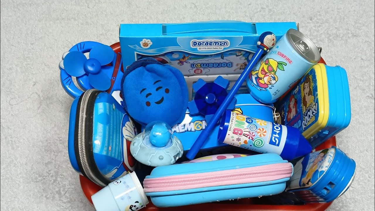 Blue colour stationery items collection- doremon stationery, unicorn pencil box, doremon collection