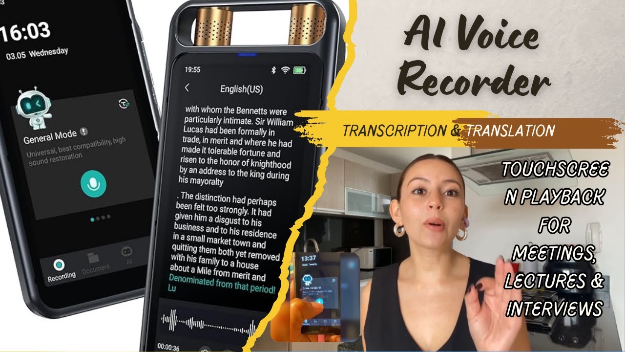 AI Voice Recorder with Transcription & Translation &ndash; Touchscreen Playback for Meetings,